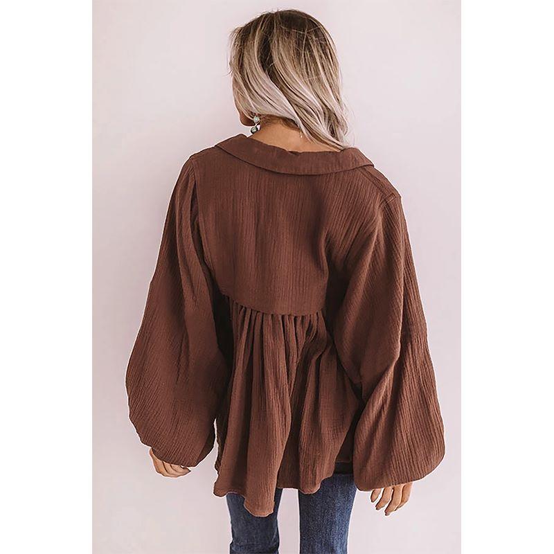 Anna-Kaci Oversized Ruffle Lantern Long Sleeve Flare Top for Women Large 8-10 / Brown