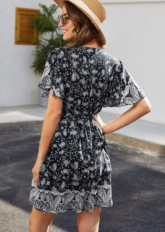 Anna-Kaci Paisley Boho Print Short Sleeve V Neck Mid Thigh Tunic Dress for Women