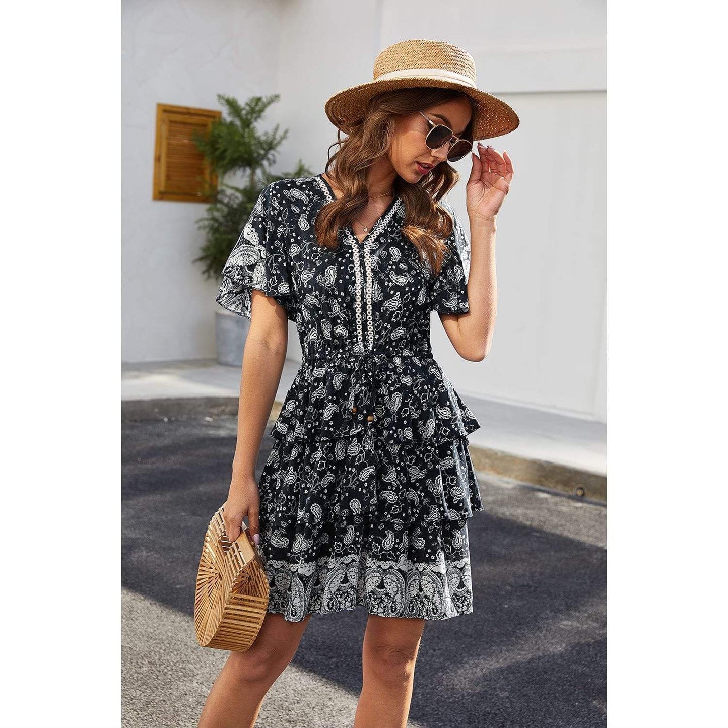 Anna-Kaci Paisley Boho Print Short Sleeve V Neck Mid Thigh Tunic Dress for Women