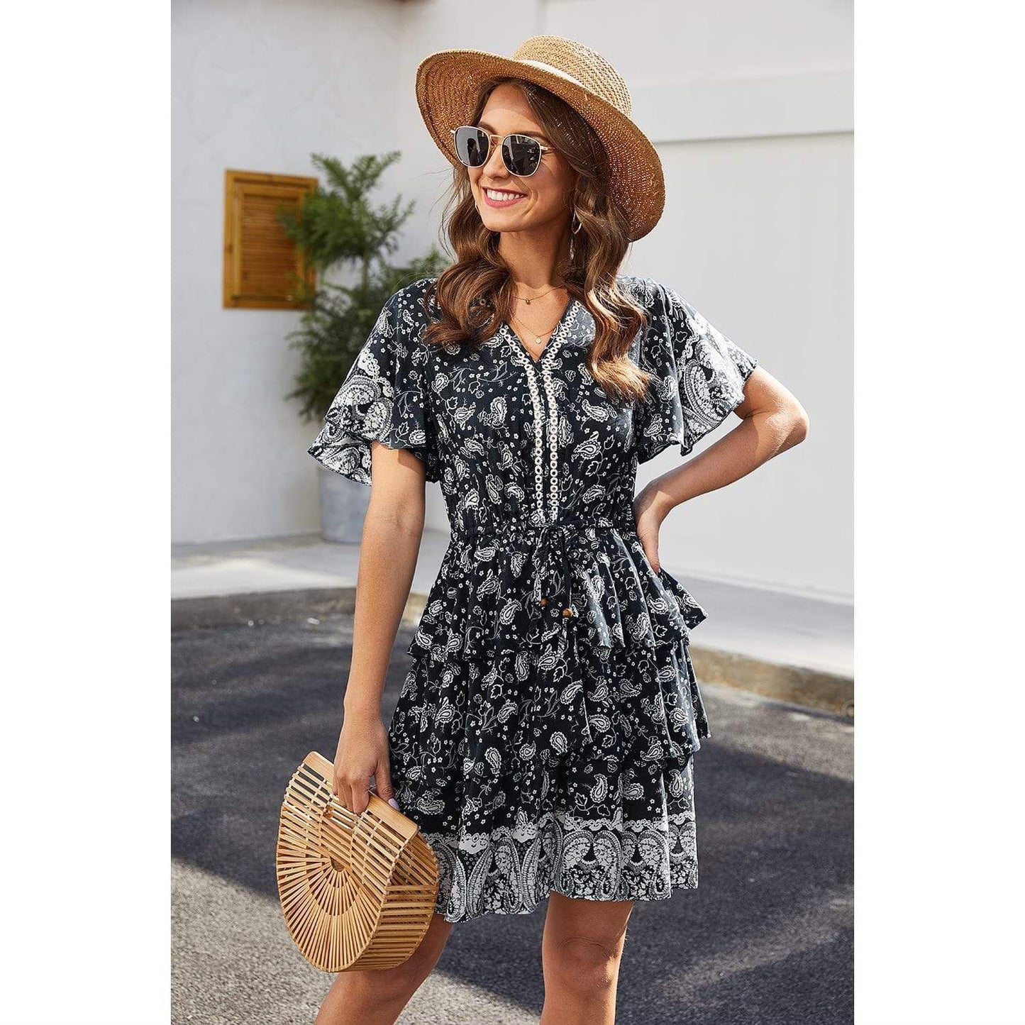 Anna-Kaci Paisley Boho Print Short Sleeve V Neck Mid Thigh Tunic Dress for Women
