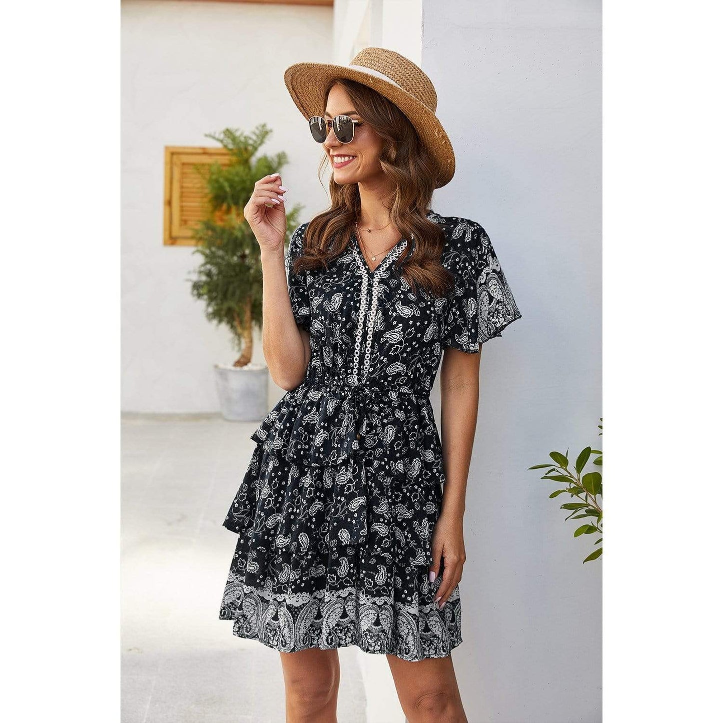 Anna-Kaci Paisley Boho Print Short Sleeve V Neck Mid Thigh Tunic Dress for Women