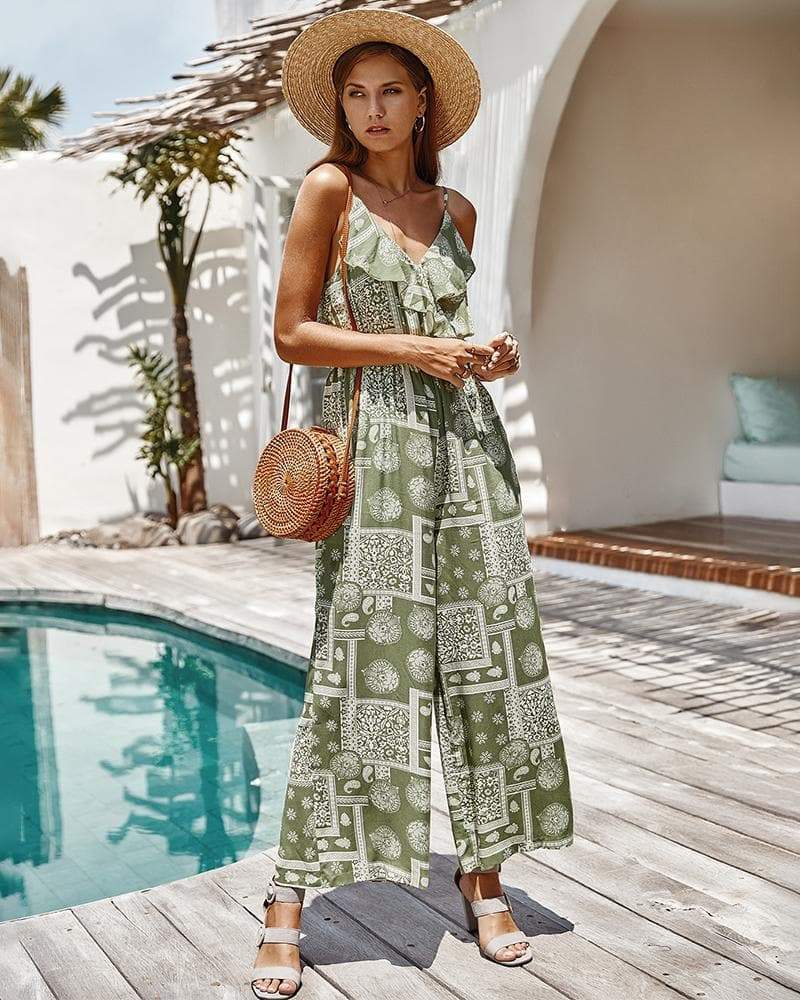Anna-Kaci Paisley Print Ruffle Front Cami Jumpsuit Boho Wide Leg for Women