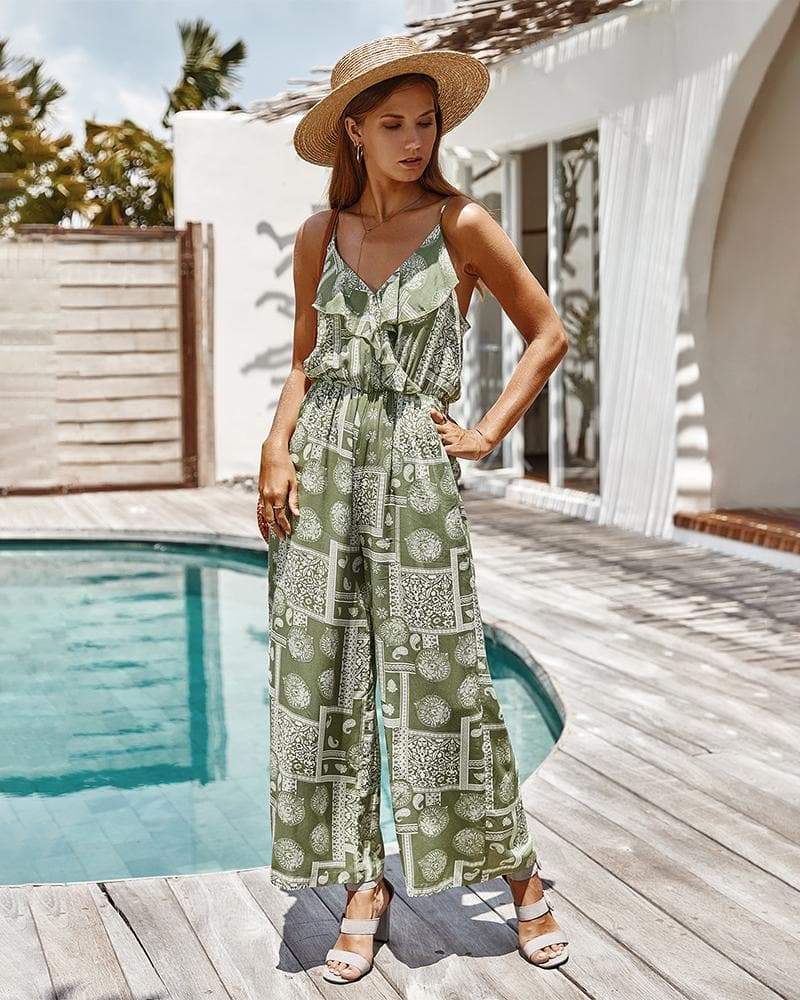 Anna-Kaci Paisley Print Ruffle Front Cami Jumpsuit Boho Wide Leg for Women