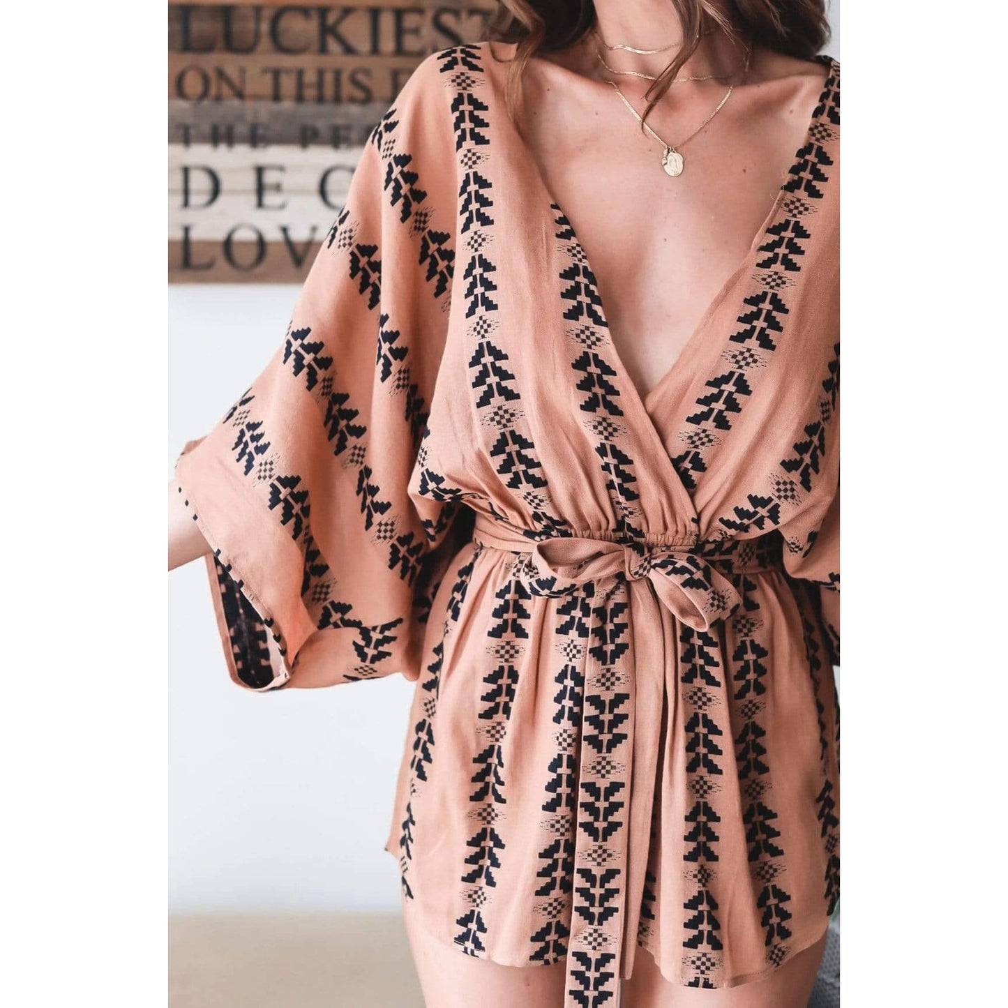 Anna-Kaci Pine Tree Native American Print Tied Waist Half Sleeve Romper for Women