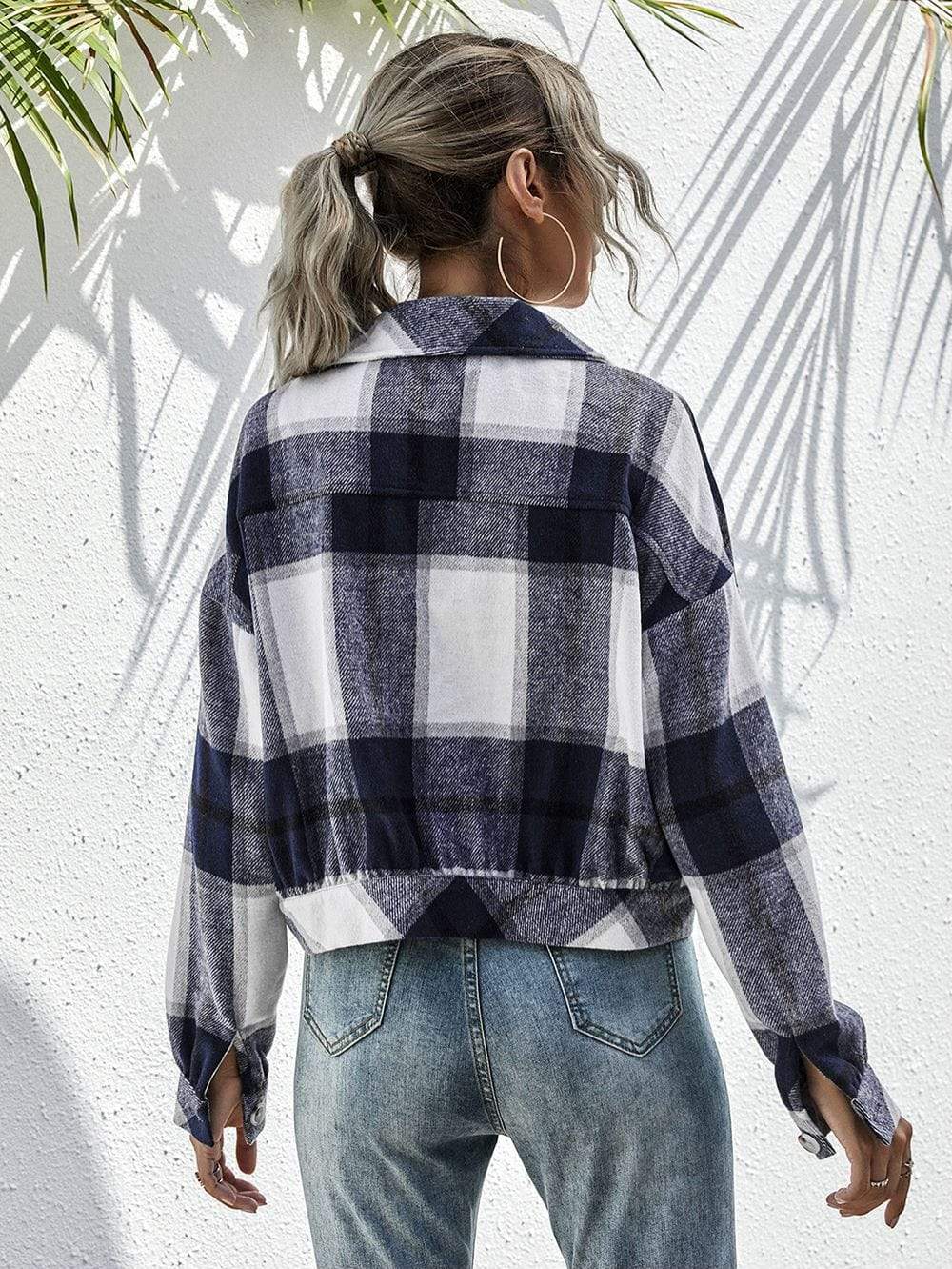 Anna-Kaci Plaid Print Drop Shoulder Button Down Collared Jacket for Women Large 8-10 / Navy