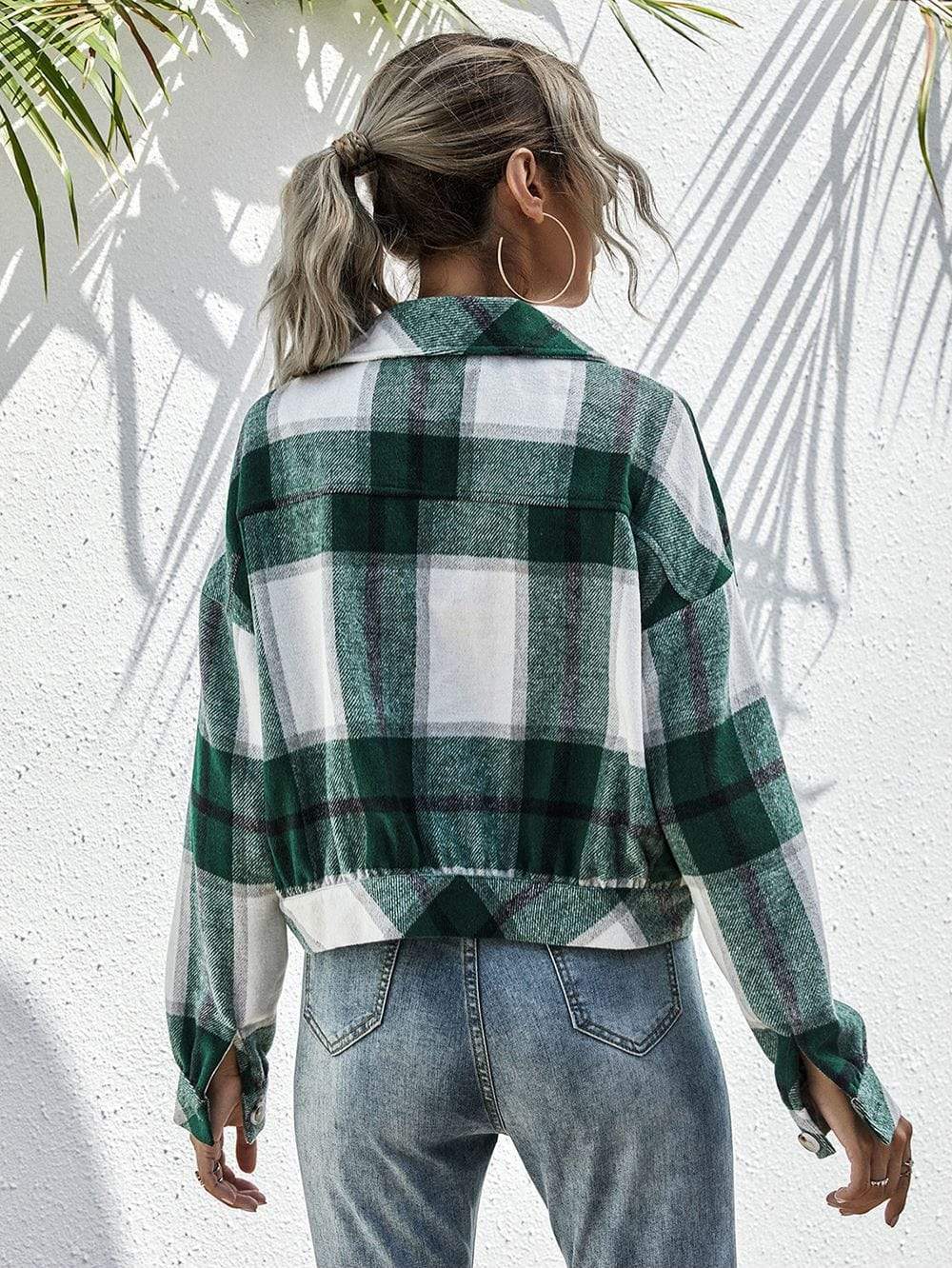 Anna-Kaci Plaid Print Drop Shoulder Button Down Collared Jacket for Women