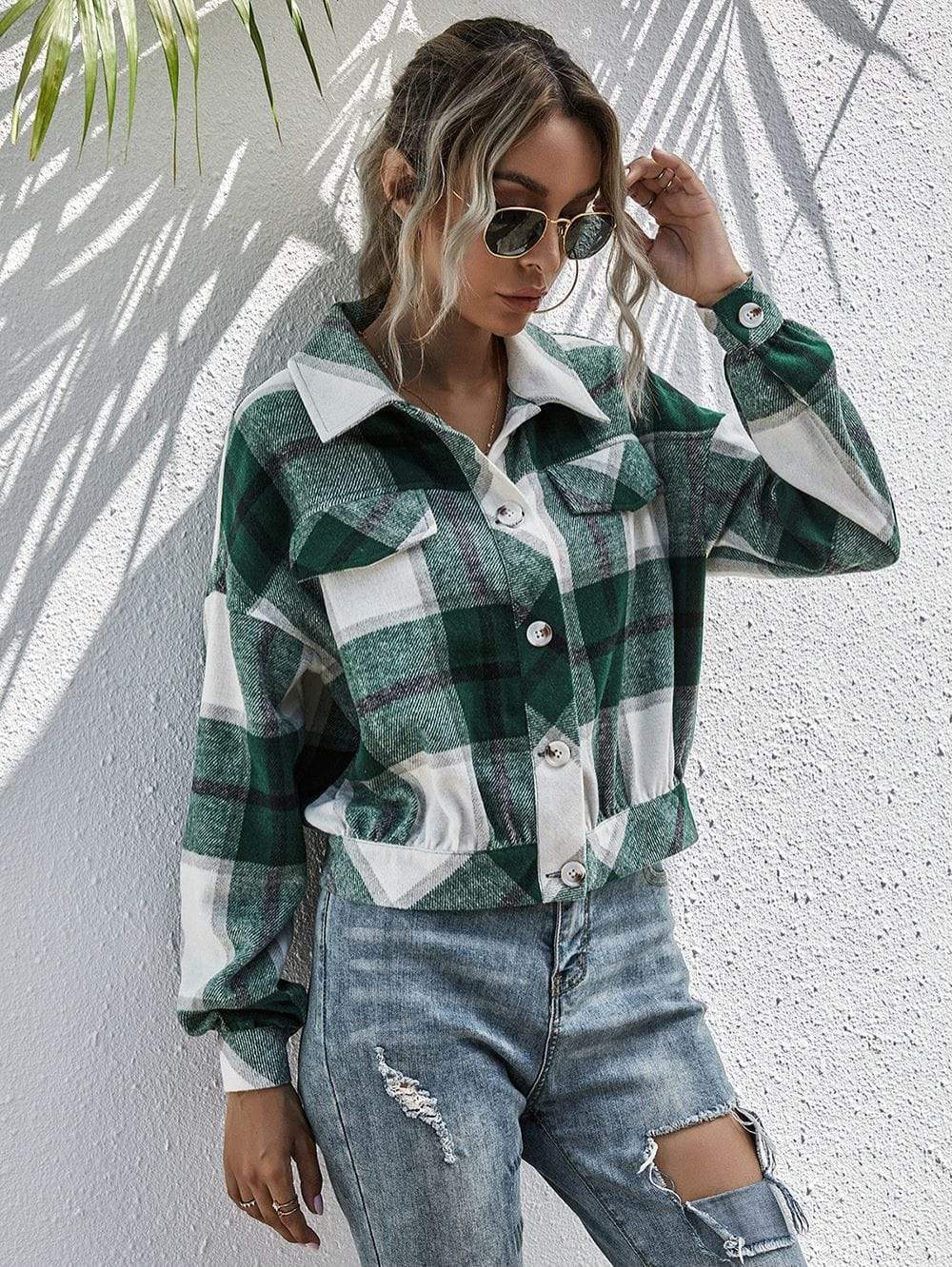 Anna-Kaci Plaid Print Drop Shoulder Button Down Collared Jacket for Women