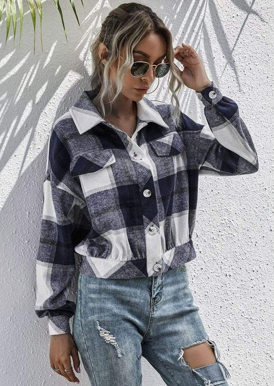 Anna-Kaci Plaid Print Drop Shoulder Button Down Collared Jacket for Women