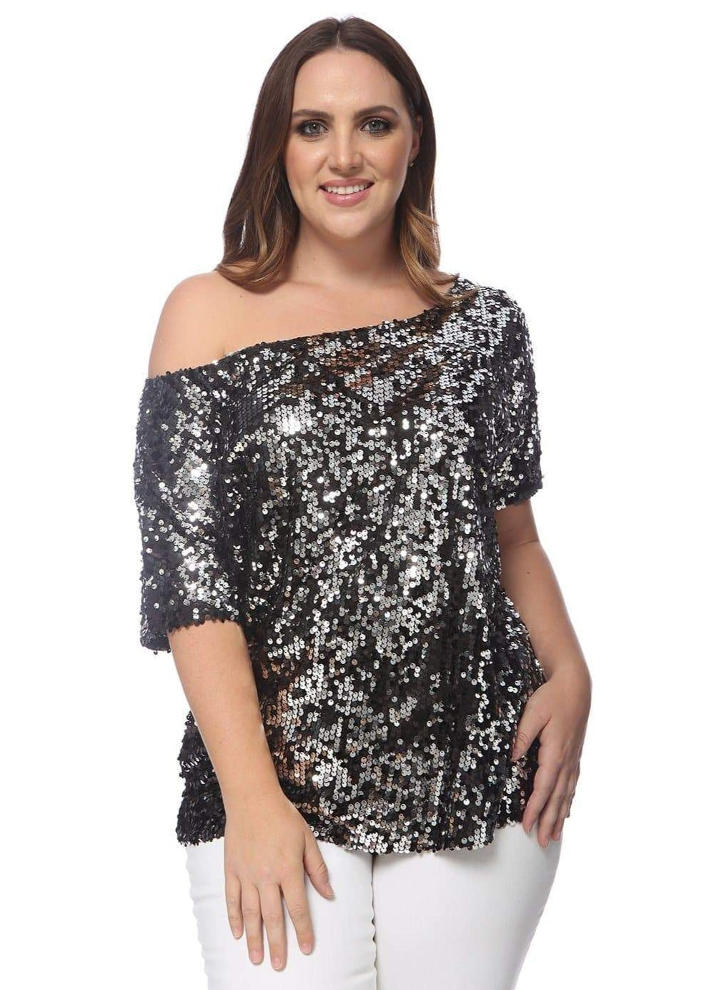 Anna-Kaci Plus Size One Shoulder Sequin Top for Women by Anna-Kaci | Alilang Large / Black and Silver