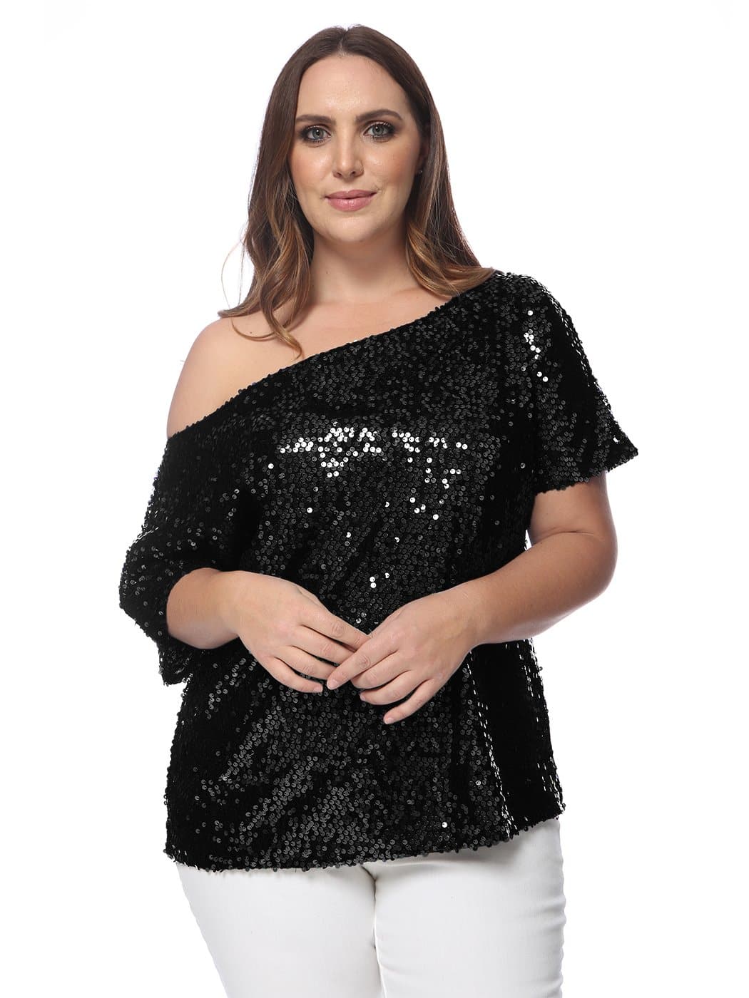 Anna-Kaci Plus Size One Shoulder Sequin Top for Women by Anna-Kaci | Alilang Large / Black