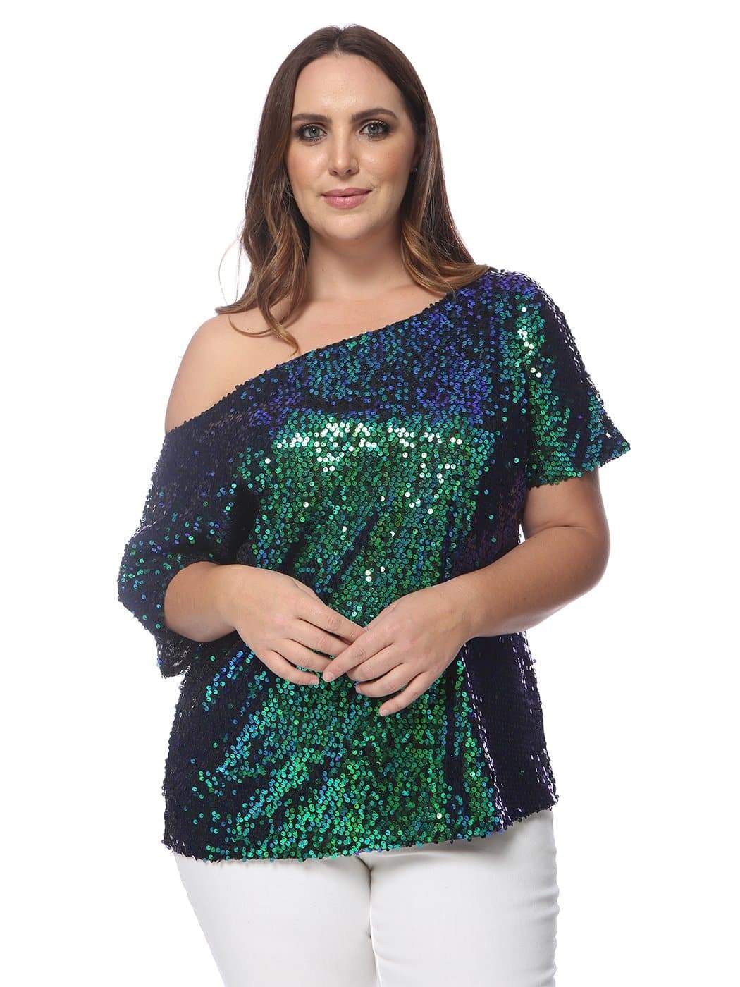 Anna-Kaci Plus Size One Shoulder Sequin Top for Women by Anna-Kaci | Alilang Large / Mermaid