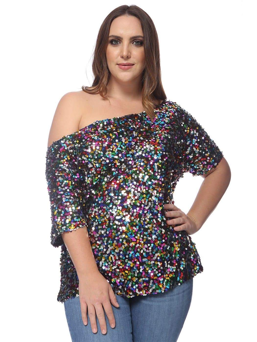 Anna-Kaci Plus Size One Shoulder Sequin Top for Women by Anna-Kaci | Alilang Large / Multicolored