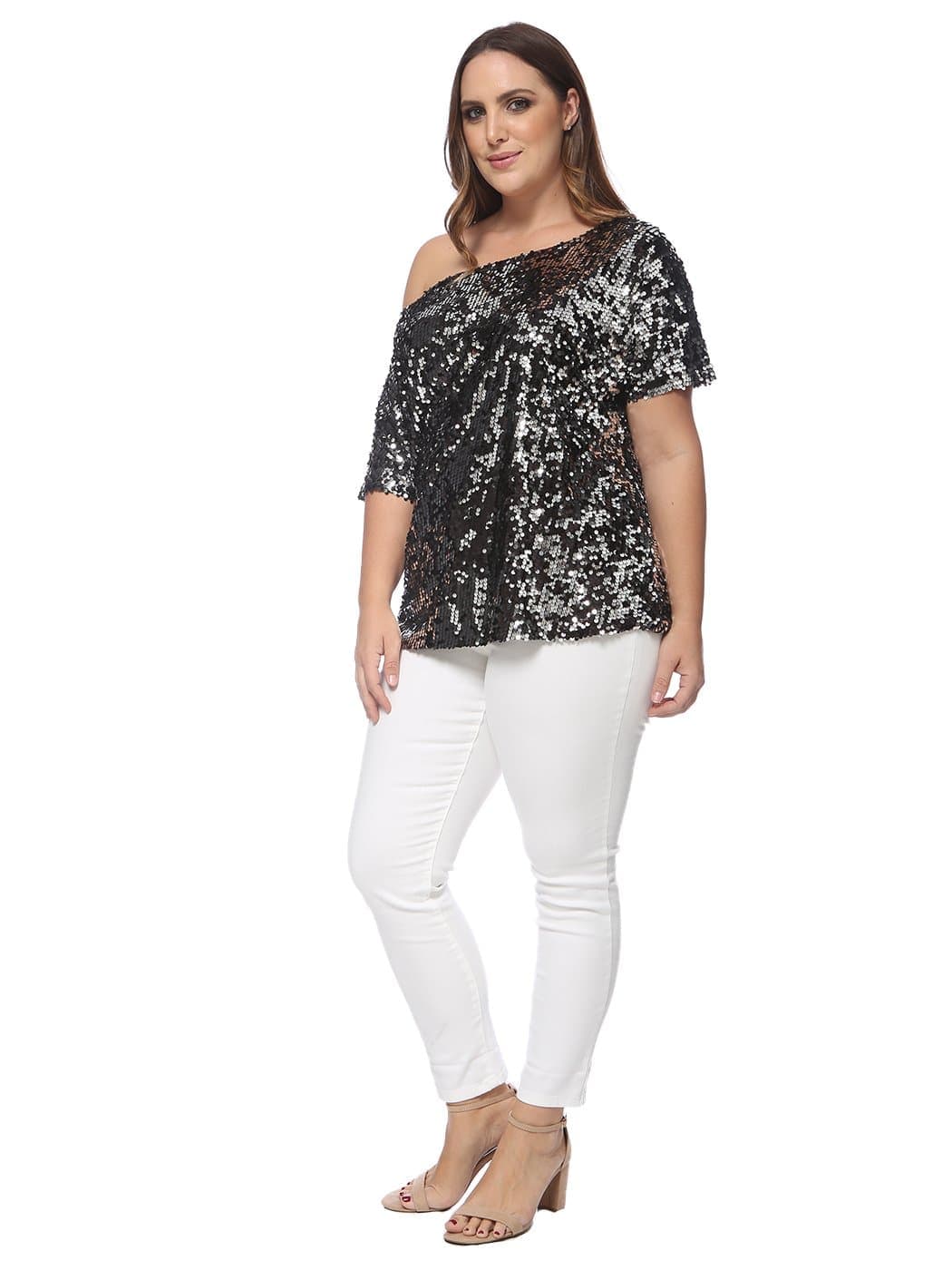 Anna-Kaci Plus Size One Shoulder Sequin Top for Women by Anna-Kaci | Alilang