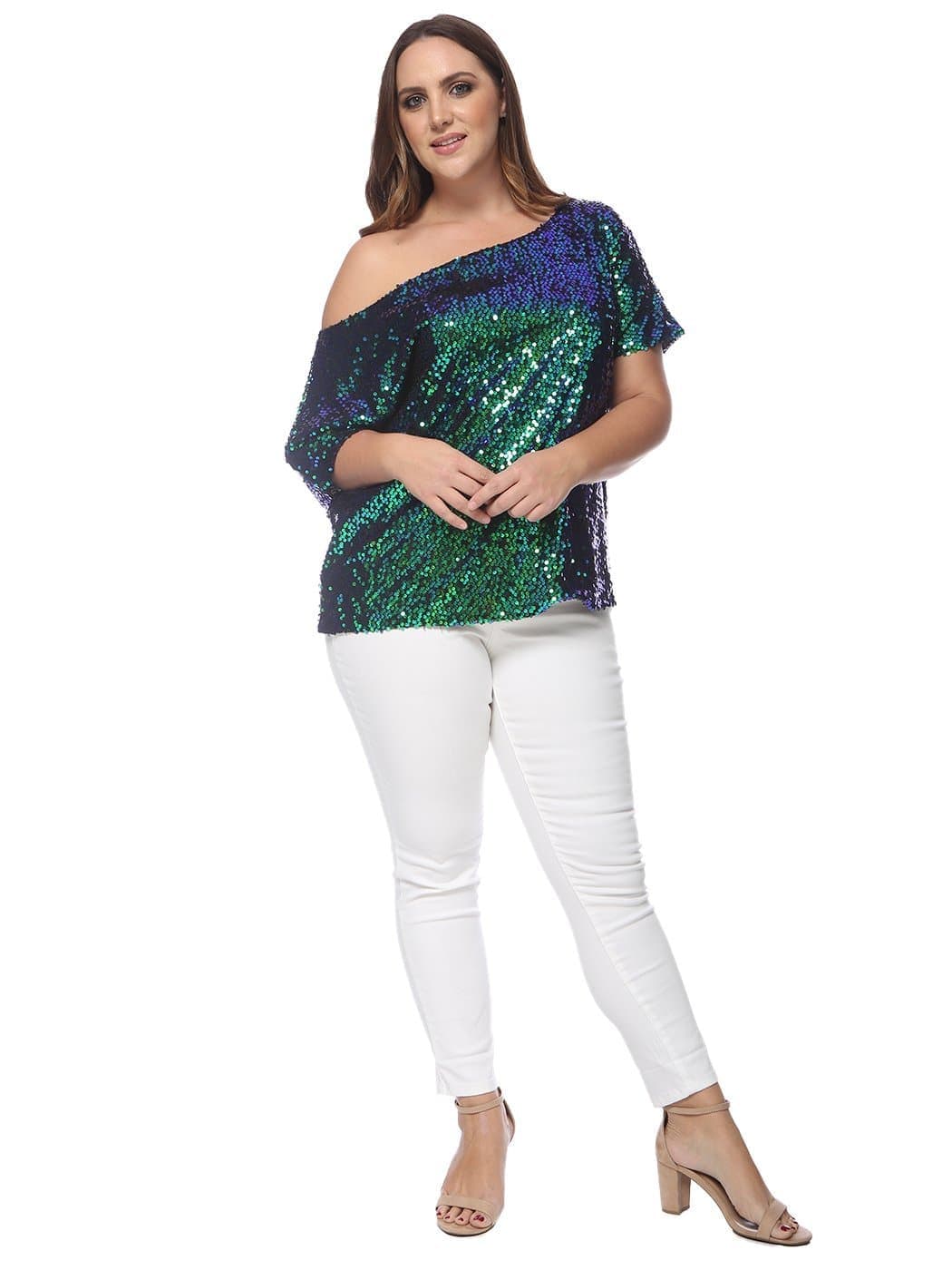 Anna-Kaci Plus Size One Shoulder Sequin Top for Women by Anna-Kaci | Alilang