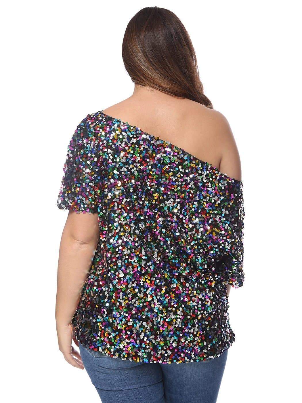 Anna-Kaci Plus Size One Shoulder Sequin Top for Women by Anna-Kaci | Alilang