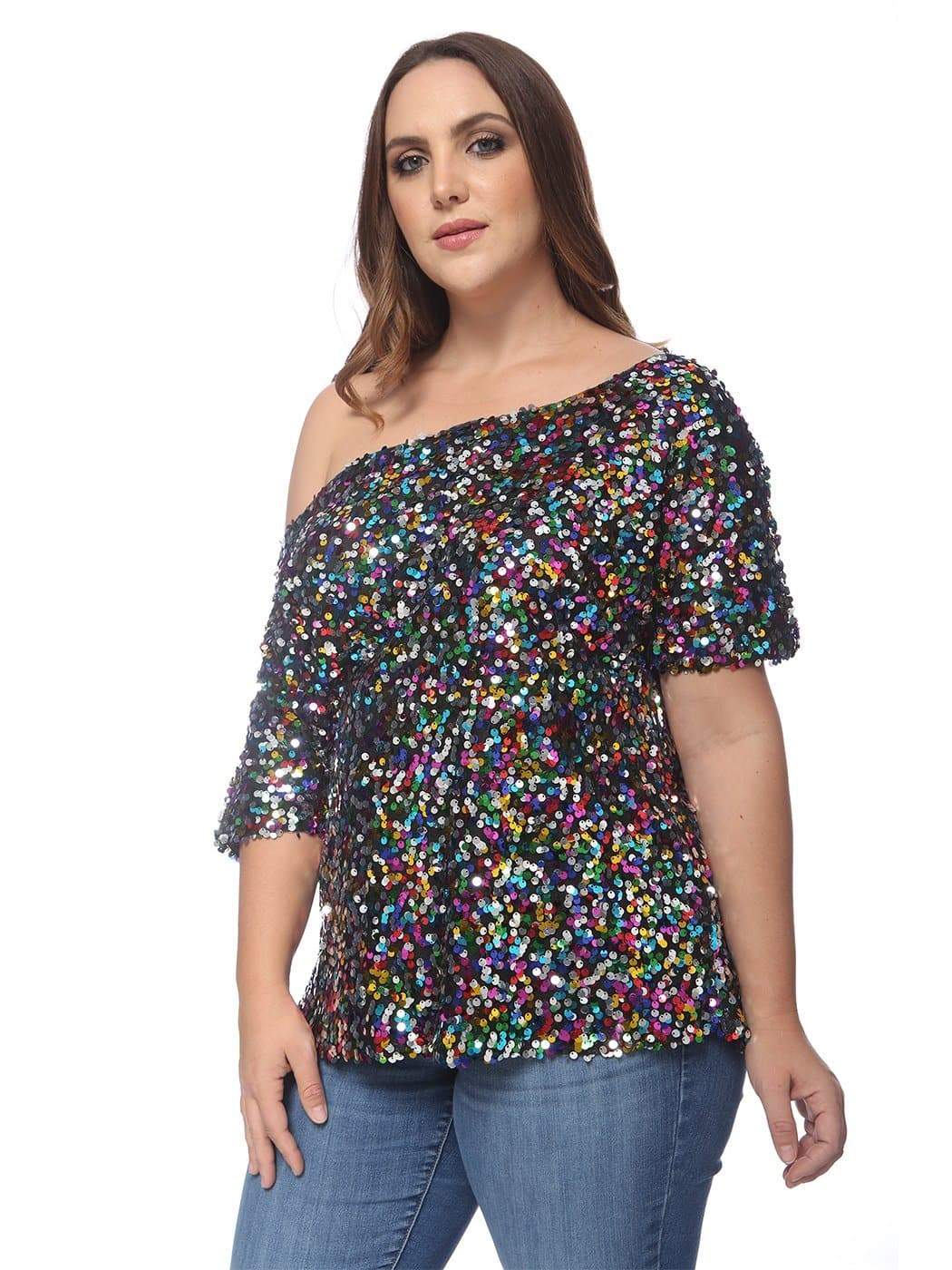 Anna-Kaci Plus Size One Shoulder Sequin Top for Women by Anna-Kaci | Alilang