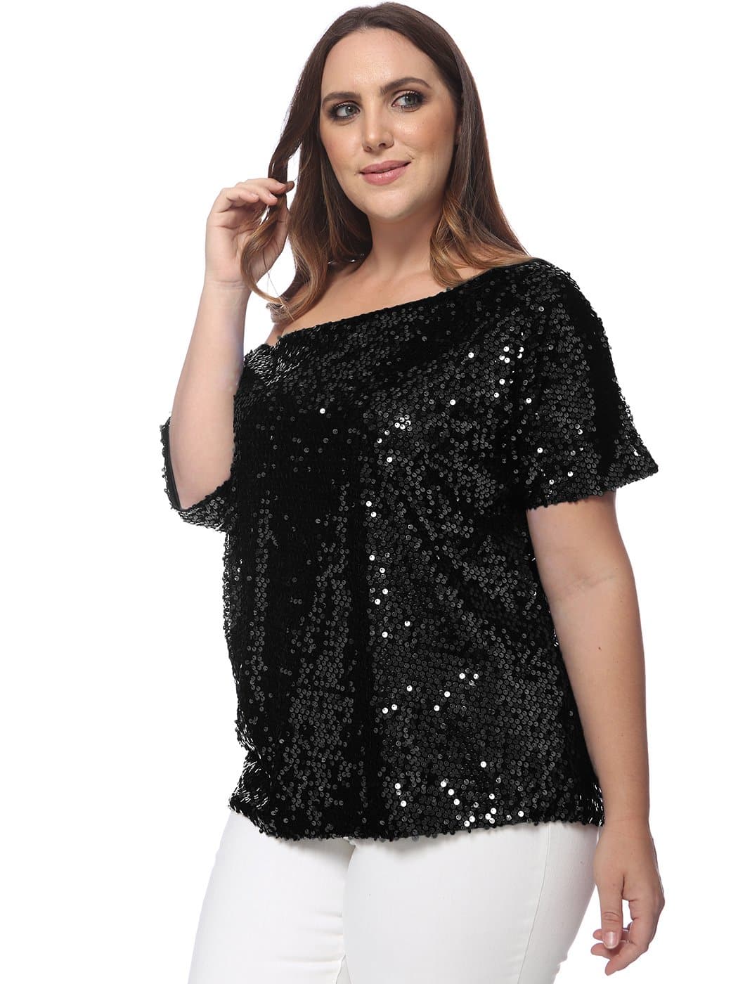 Anna-Kaci Plus Size One Shoulder Sequin Top for Women by Anna-Kaci | Alilang