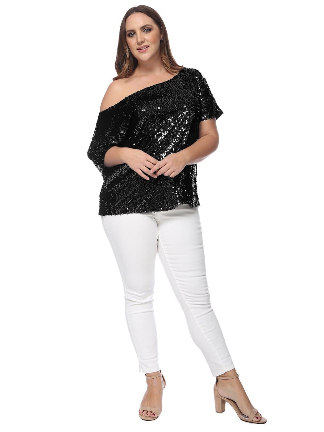 Anna-Kaci Plus Size One Shoulder Sequin Top for Women by Anna-Kaci | Alilang