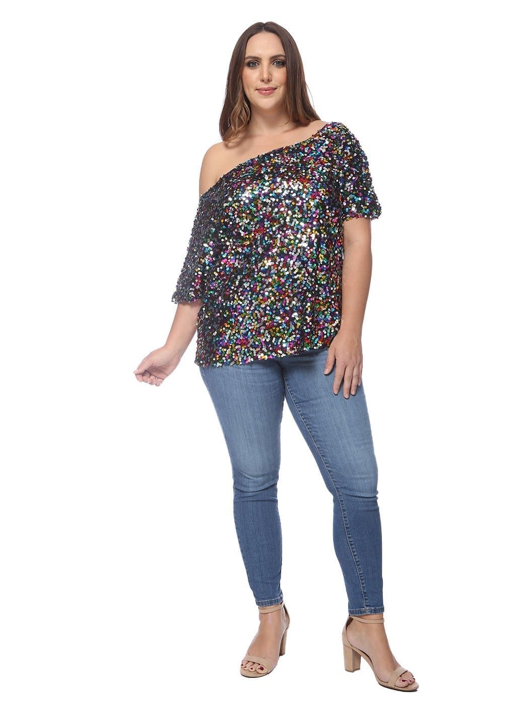 Anna-Kaci Plus Size One Shoulder Sequin Top for Women by Anna-Kaci | Alilang