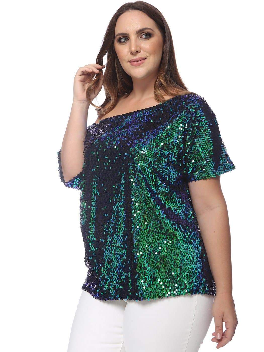 Anna-Kaci Plus Size One Shoulder Sequin Top for Women by Anna-Kaci | Alilang