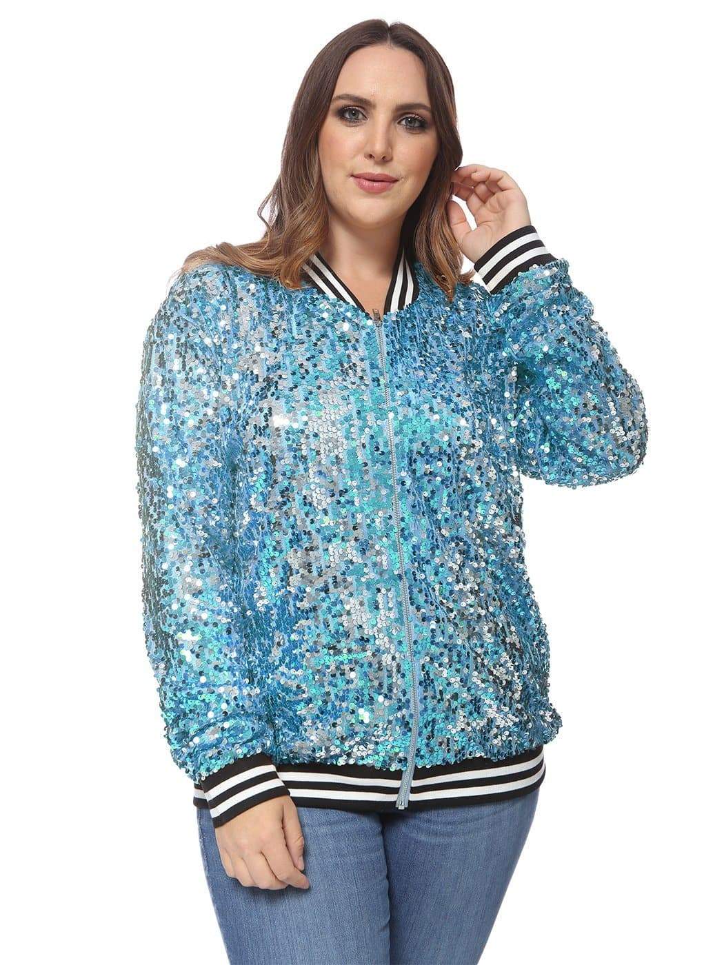 Anna-Kaci Plus Size Sequin Bomber Jacket for Women by Anna-Kaci X-Large / Blue