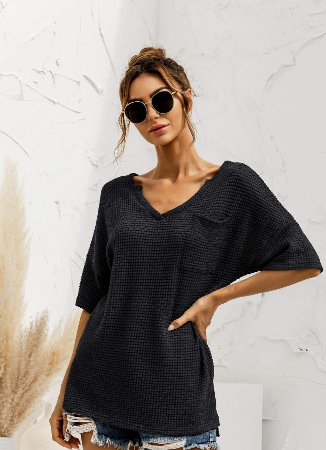 Anna-Kaci Popcorn Stitch Knit Deep V Neck Summer Pocket T-Shirt Top for Women Black / Small 0-4