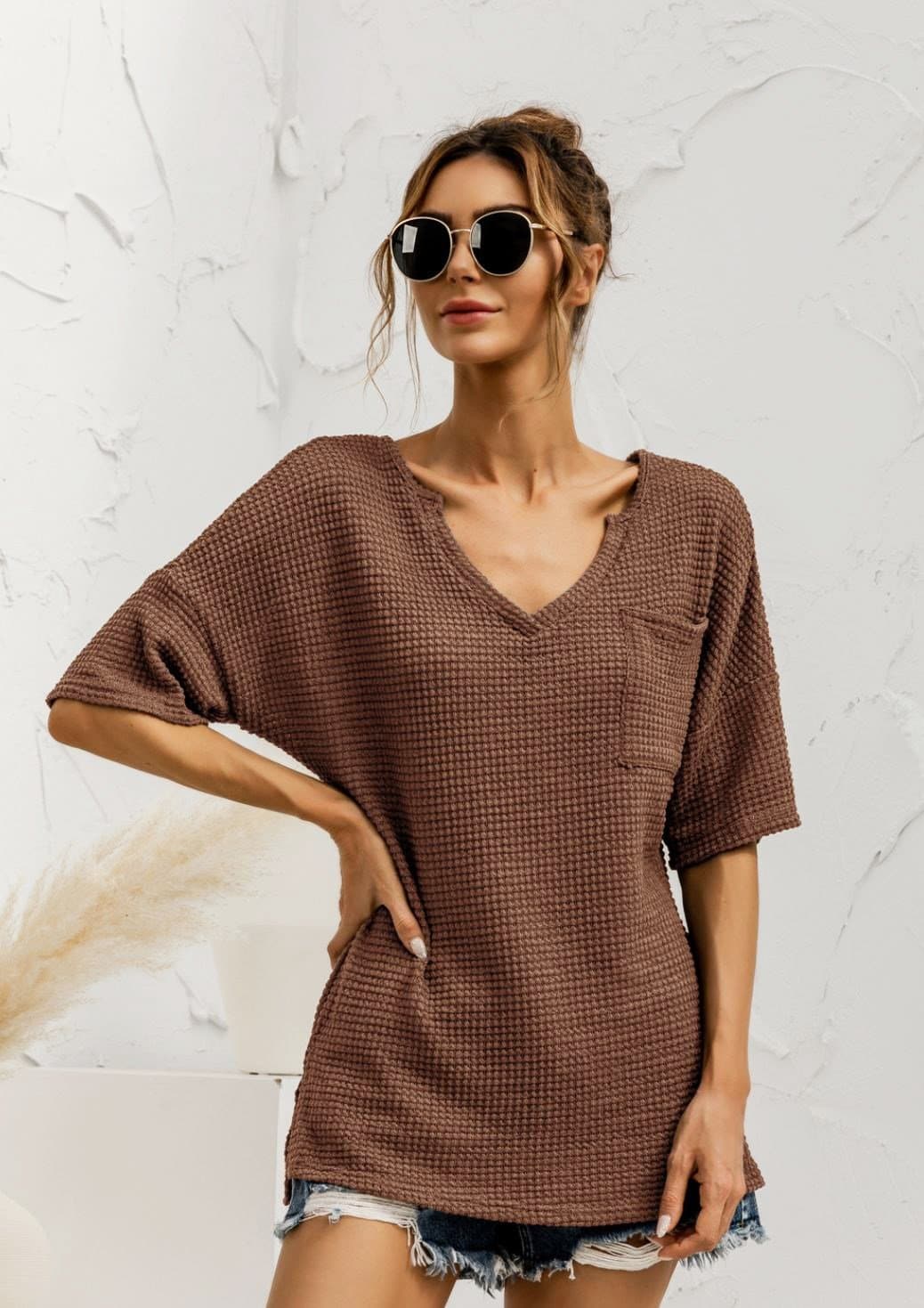 Anna-Kaci Popcorn Stitch Knit Deep V Neck Summer Pocket T-Shirt Top for Women Coco Brown / Small 0-4