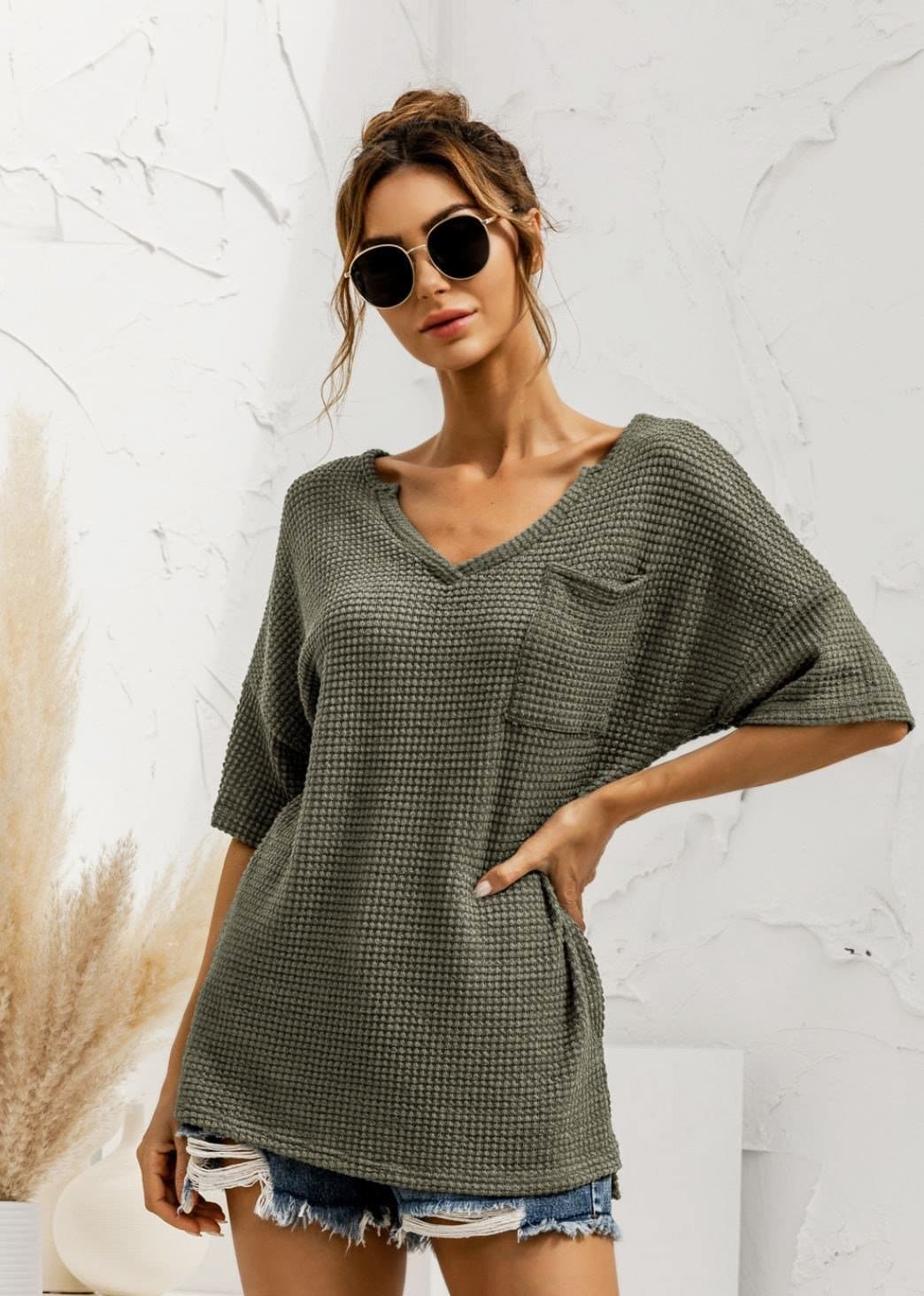 Anna-Kaci Popcorn Stitch Knit Deep V Neck Summer Pocket T-Shirt Top for Women