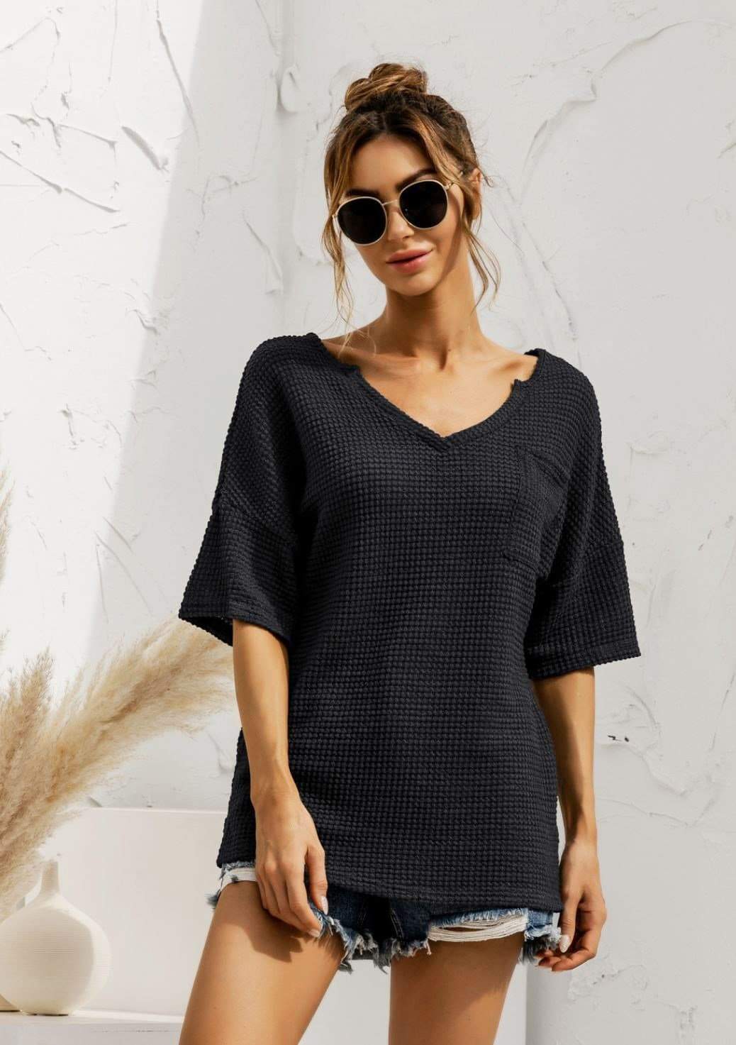 Anna-Kaci Popcorn Stitch Knit Deep V Neck Summer Pocket T-Shirt Top for Women