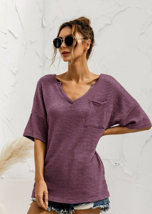 Anna-Kaci Popcorn Stitch Knit Deep V Neck Summer Pocket T-Shirt Top for Women