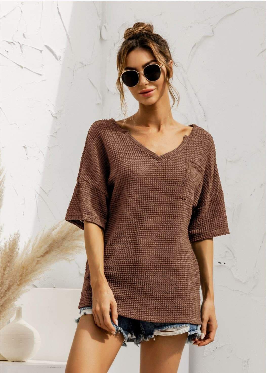 Anna-Kaci Popcorn Stitch Knit Deep V Neck Summer Pocket T-Shirt Top for Women