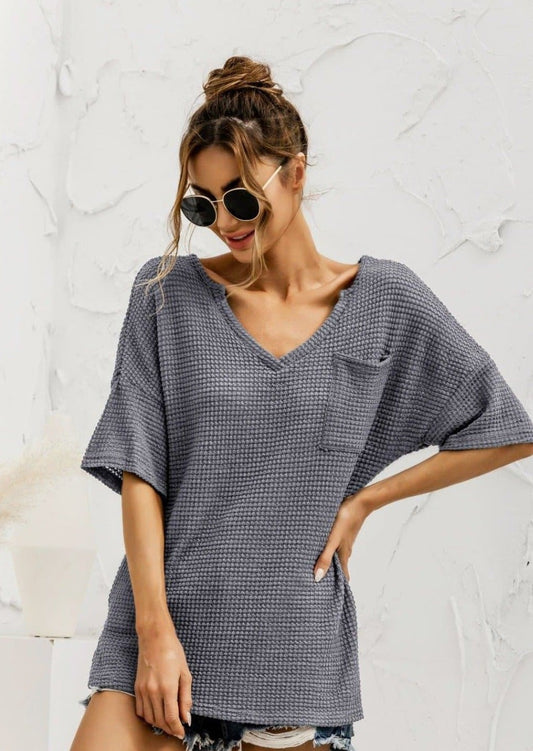 Anna-Kaci Popcorn Stitch Knit Deep V Neck Summer Pocket T-Shirt Top for Women Gray / Small 0-4