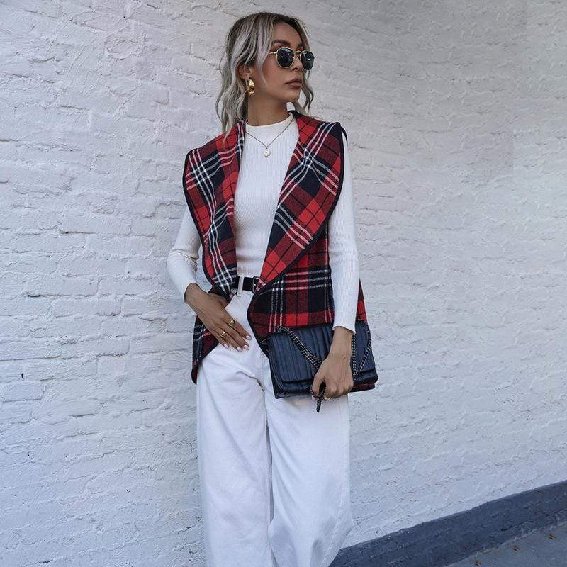 Anna-Kaci Red Plaid Print Line Pattern Outerwear Vest Fall Winter for Women