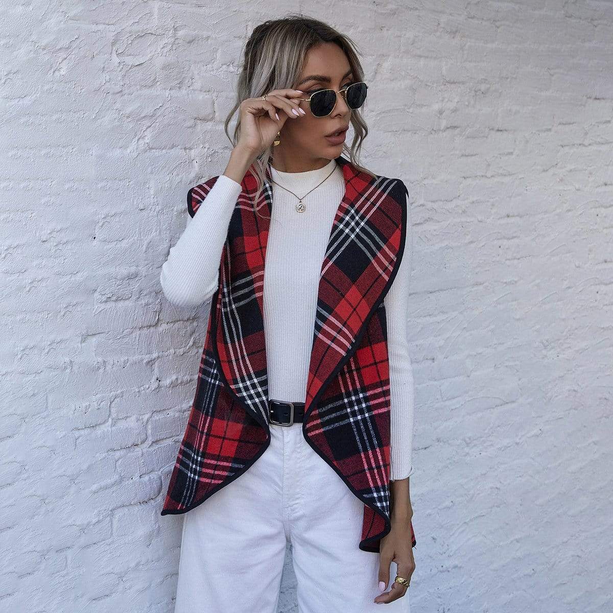 Anna-Kaci Red Plaid Print Line Pattern Outerwear Vest Fall Winter for Women