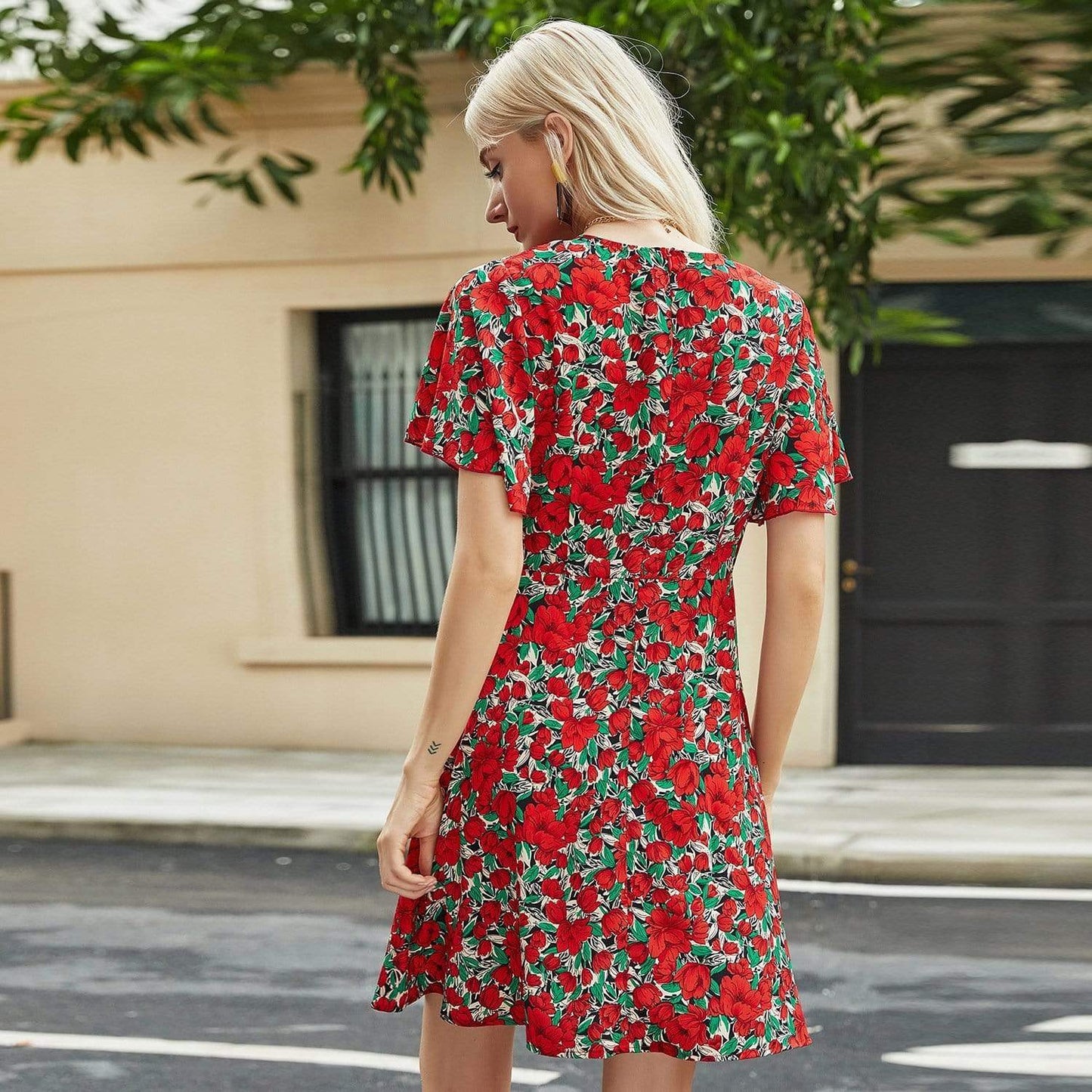 Anna-Kaci Rose Floral Print Ruffle Swing Dress Short Sleeve A Line for Women