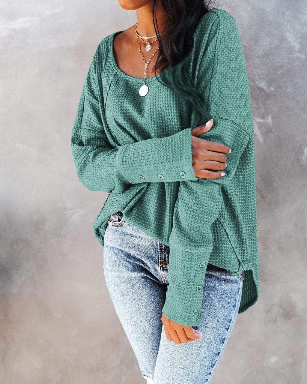 Anna-Kaci Round Neck Button Cuff Long Sleeve Waffle Knit Top for Women