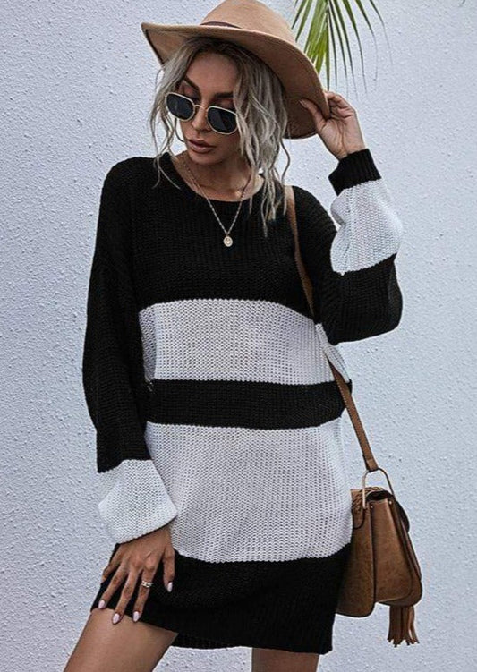 Anna-Kaci Round Neck Color Block Long Sleeve Chunky Knit Sweater Dress