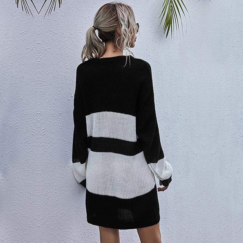 Anna-Kaci Round Neck Color Block Long Sleeve Chunky Knit Sweater Dress