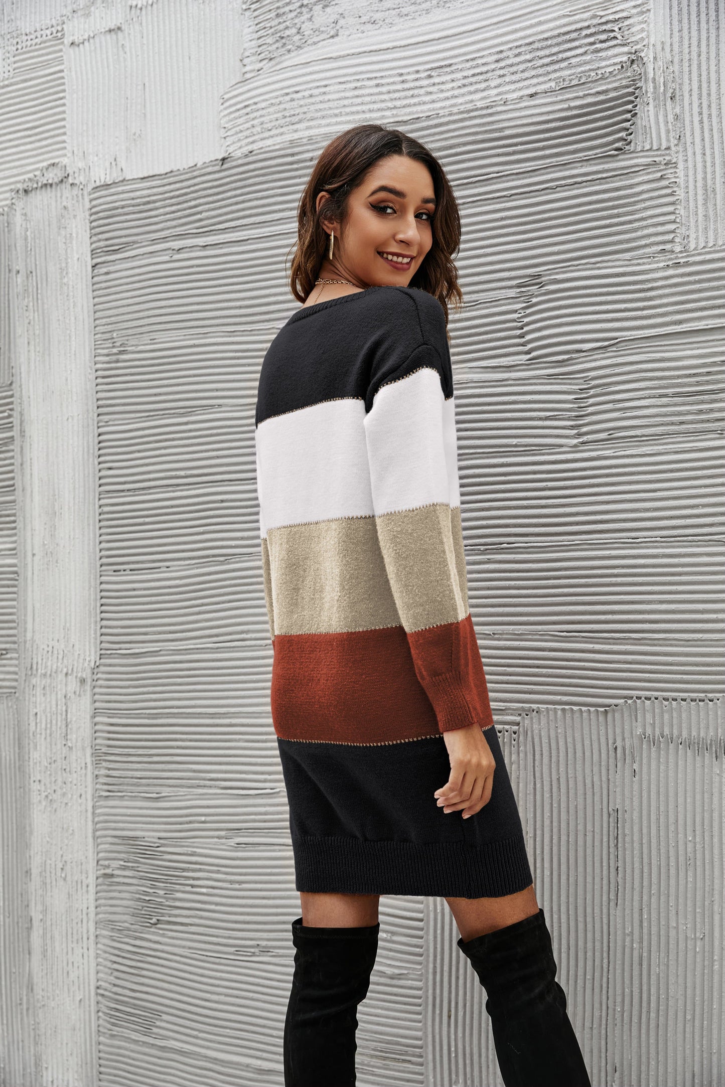 Anna-Kaci Round Neck Color Block Striped Sweater Dress Above Knee Length
