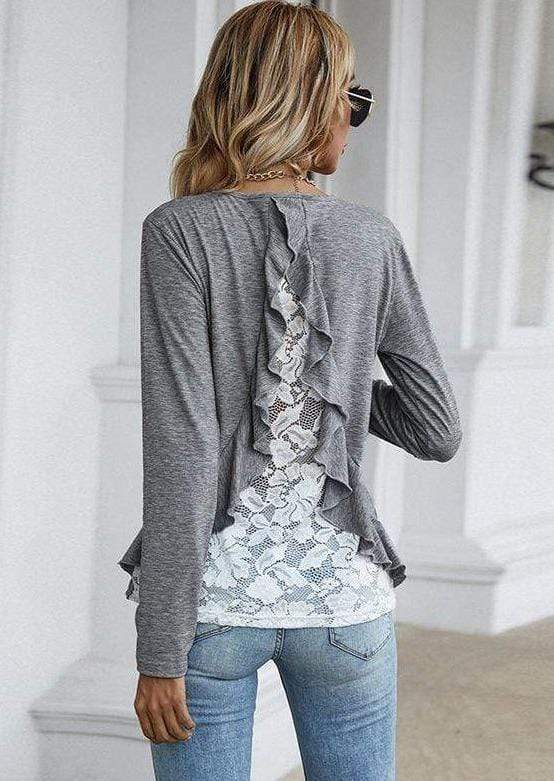 Anna-Kaci Ruffle Back Floral Crochet Lace Long Sleeve Round Neck Top for Women