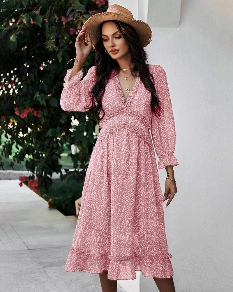 Anna-Kaci Ruffle Dot Printed Spring Maxi Long Sleeve Dress | Anna-Kaci Pink / Small 0-4