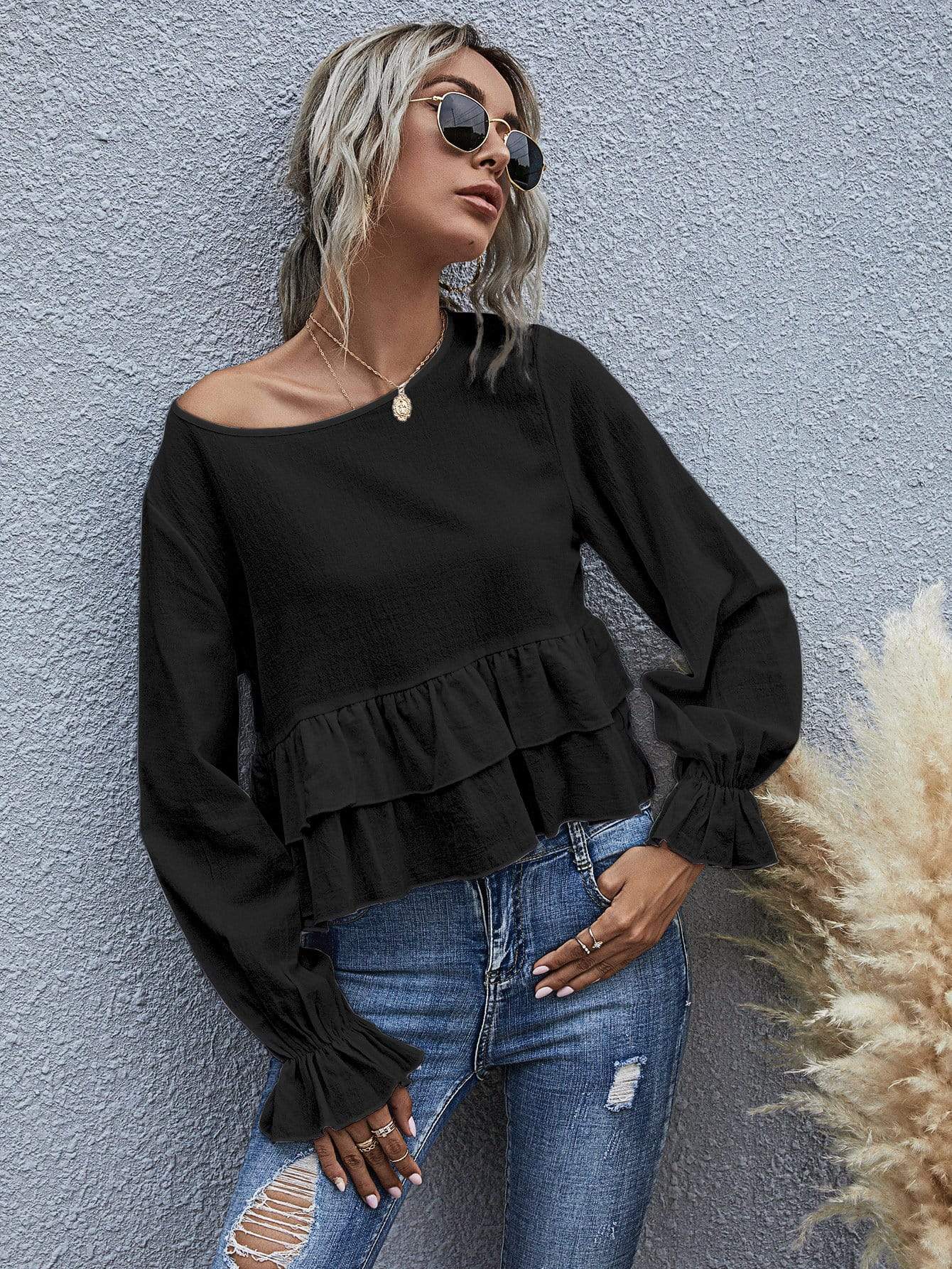 Anna-Kaci Ruffle Semi Cropped Long Sleeve Blouse Solid Color for Women