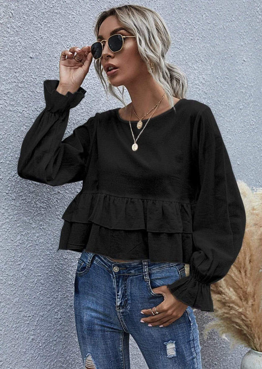Anna-Kaci Ruffle Semi Cropped Long Sleeve Blouse Solid Color for Women