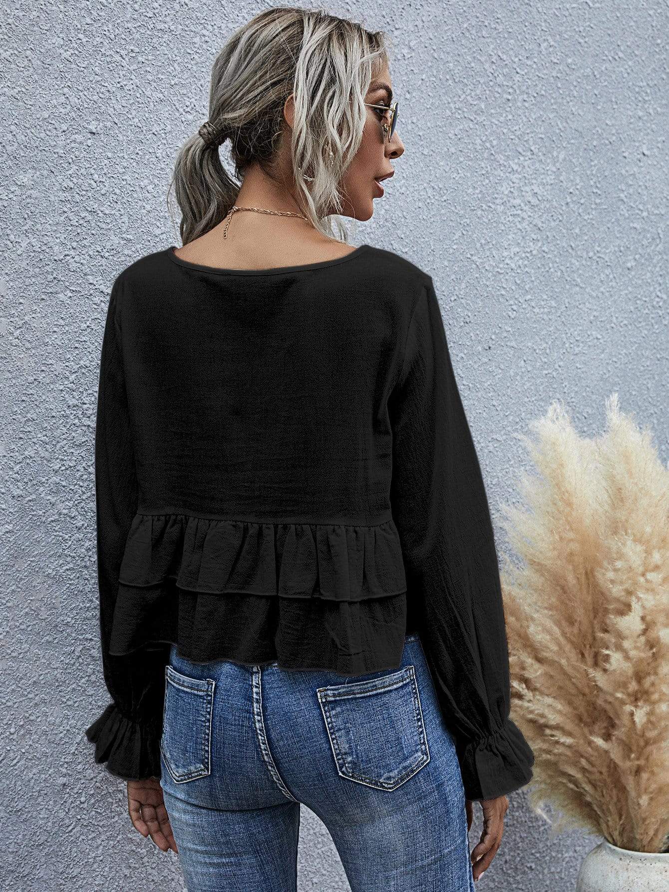 Anna-Kaci Ruffle Semi Cropped Long Sleeve Blouse Solid Color for Women