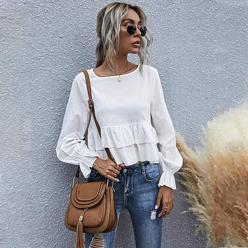 Anna-Kaci Ruffle Semi Cropped Long Sleeve Blouse Solid Color for Women