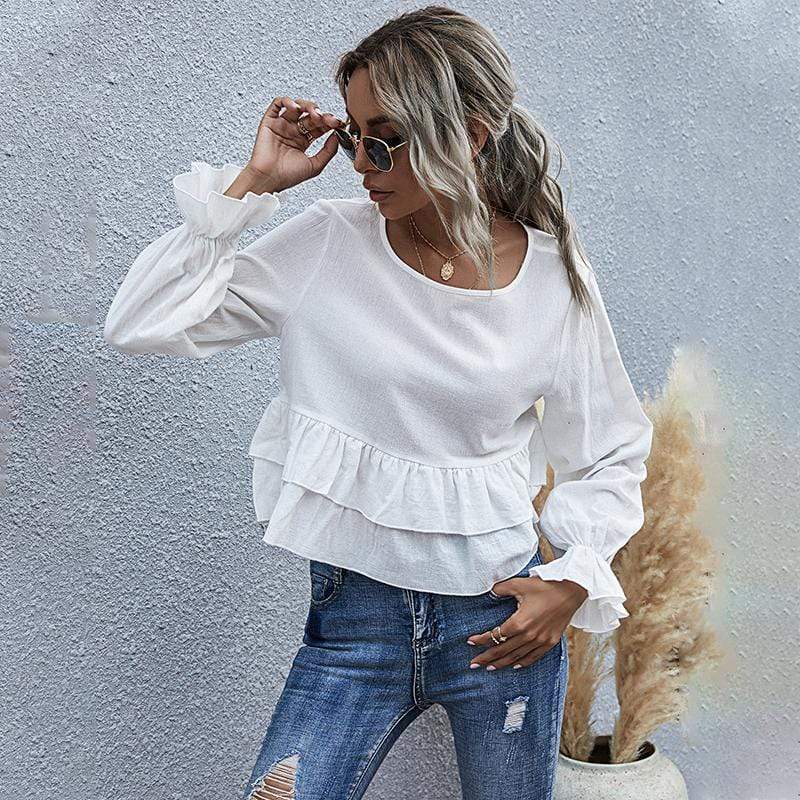 Anna-Kaci Ruffle Semi Cropped Long Sleeve Blouse Solid Color for Women