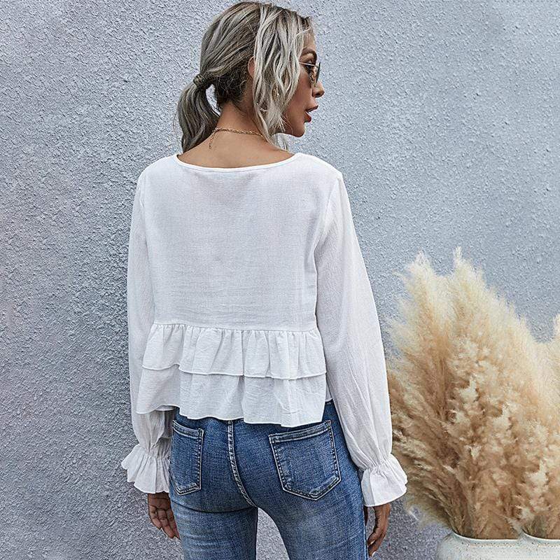 Anna-Kaci Ruffle Semi Cropped Long Sleeve Blouse Solid Color for Women