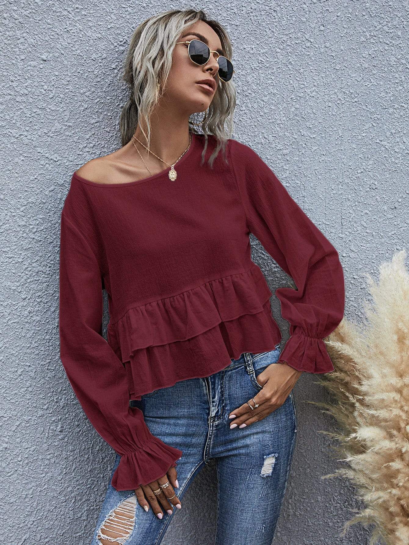 Anna-Kaci Ruffle Semi Cropped Long Sleeve Blouse Solid Color for Women