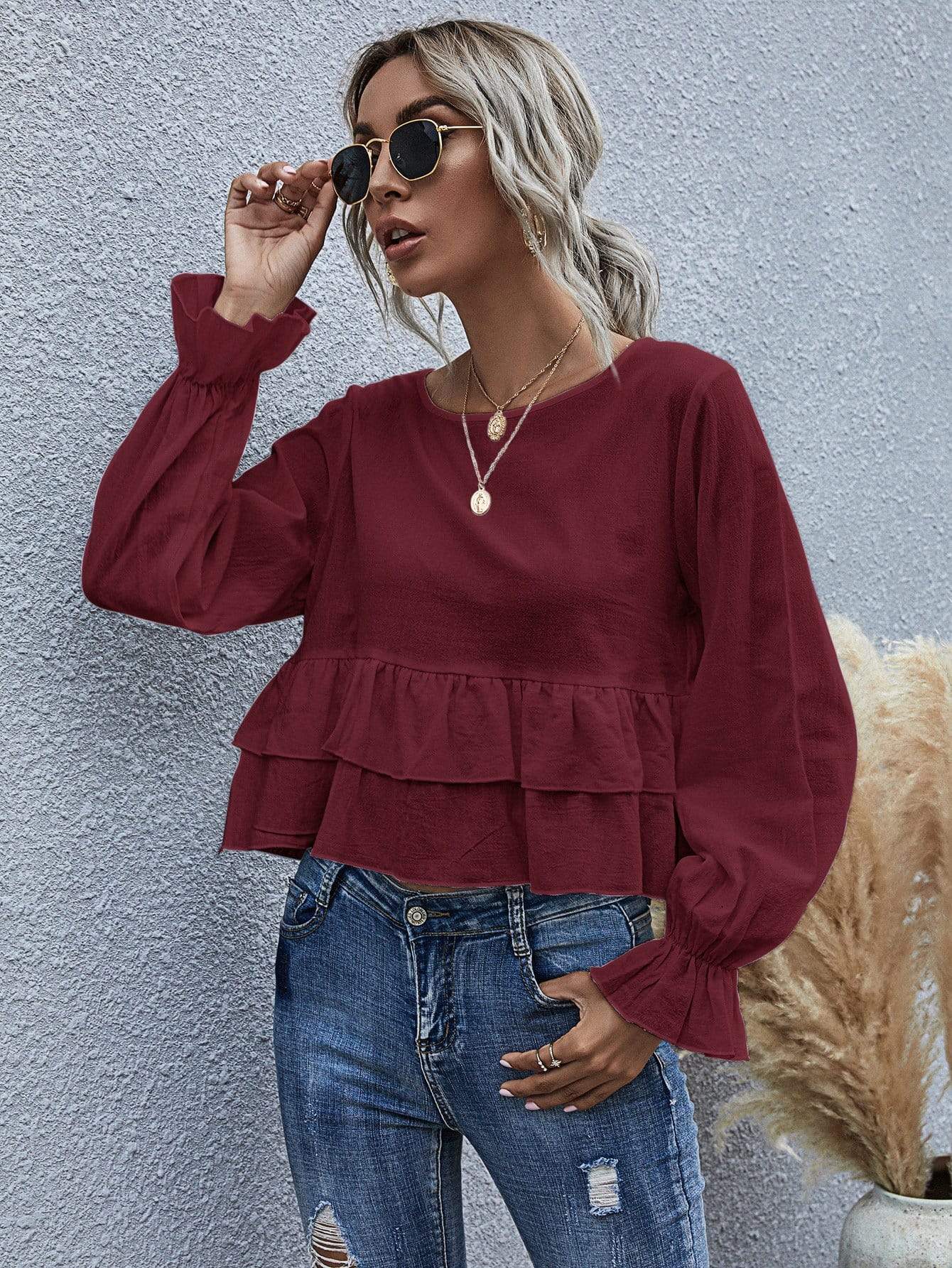 Anna-Kaci Ruffle Semi Cropped Long Sleeve Blouse Solid Color for Women