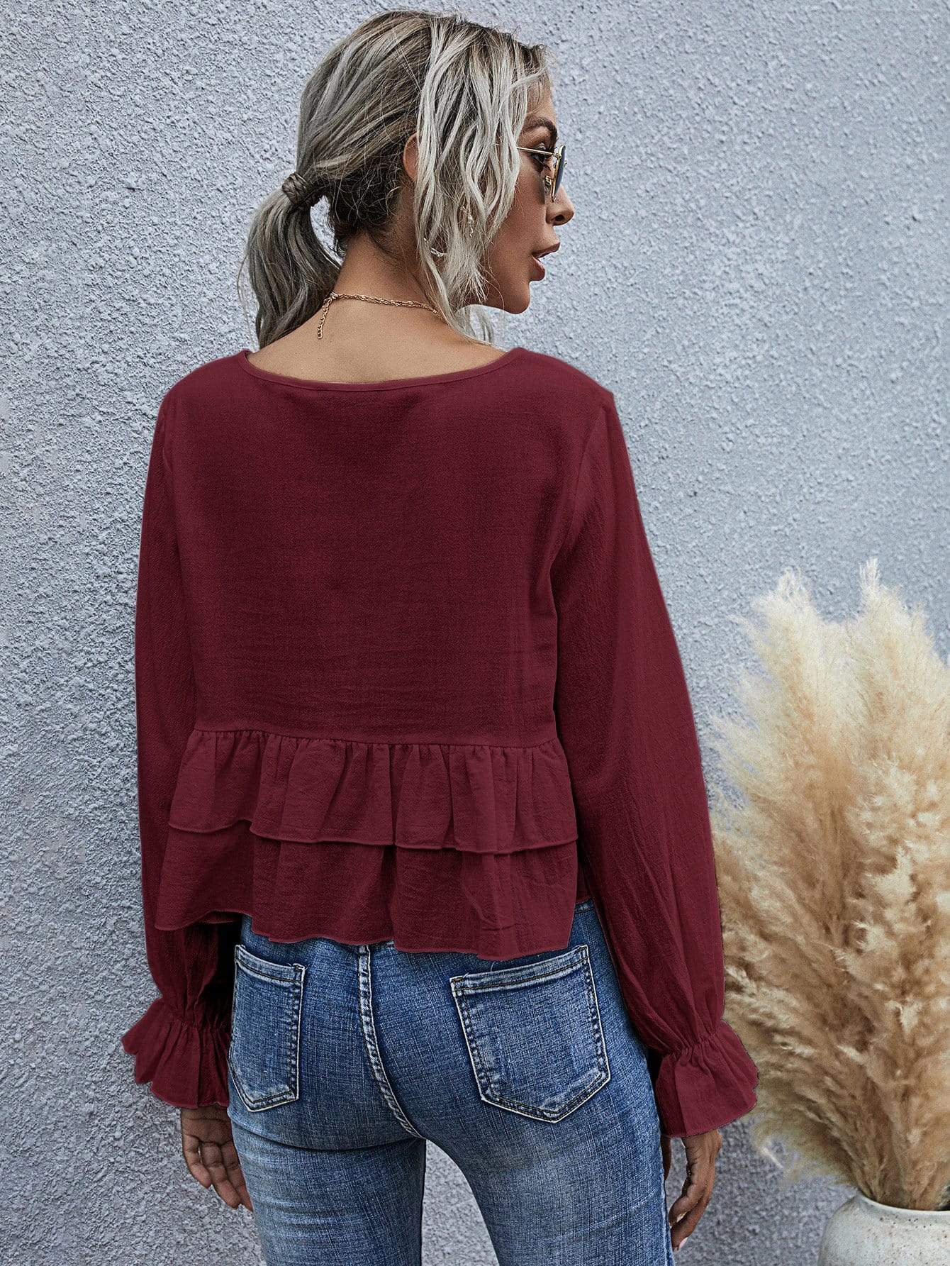 Anna-Kaci Ruffle Semi Cropped Long Sleeve Blouse Solid Color for Women